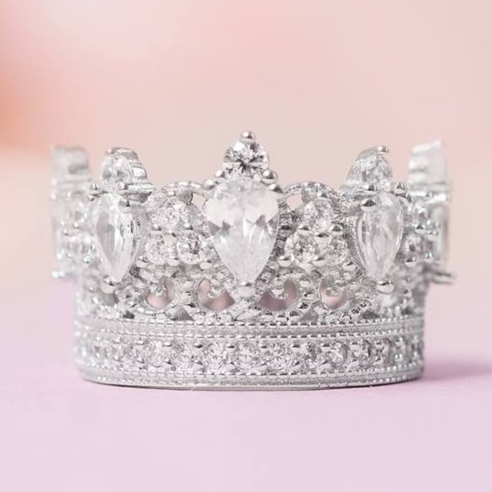 Silver Crown Ring with Clear Stones - Women's Statement Ring